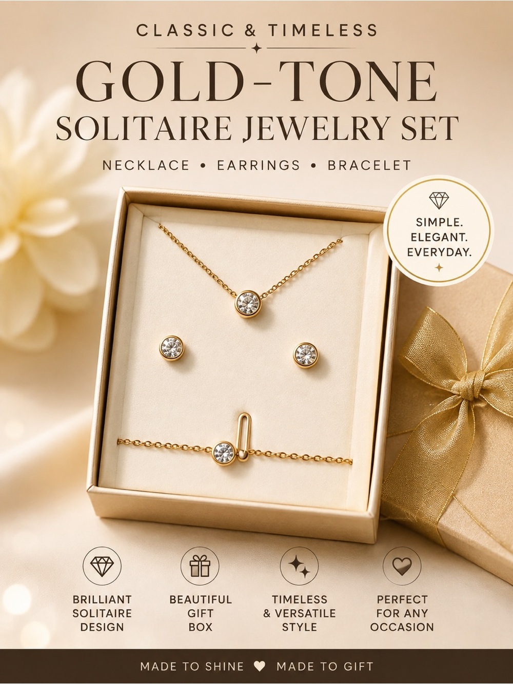 Gold Tone CZ Solitaire Jewelry Set Necklace Earrings Bracelet